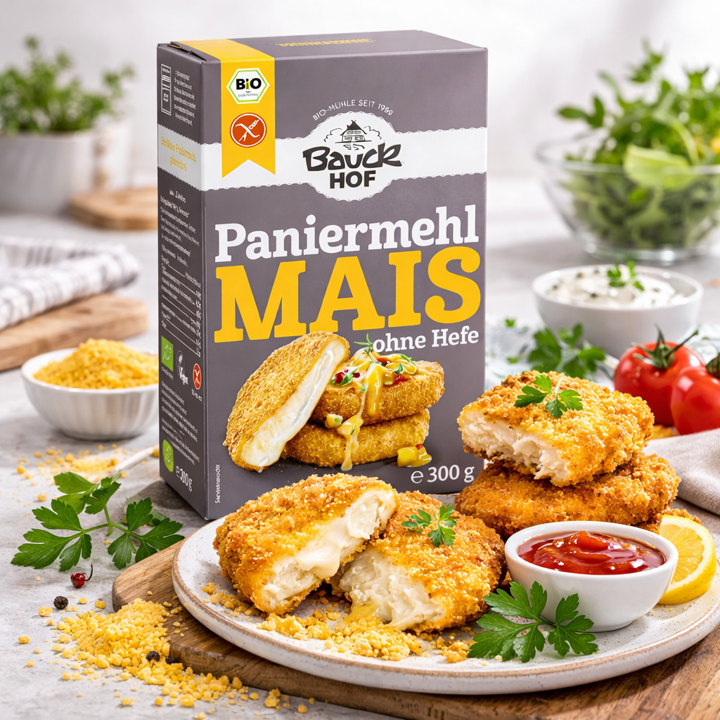 Bauckhof Bio Mais Paniermehl ohne Hefe, glutenfrei, in Packung ab 200g, ideal zum Kochen und Backen.