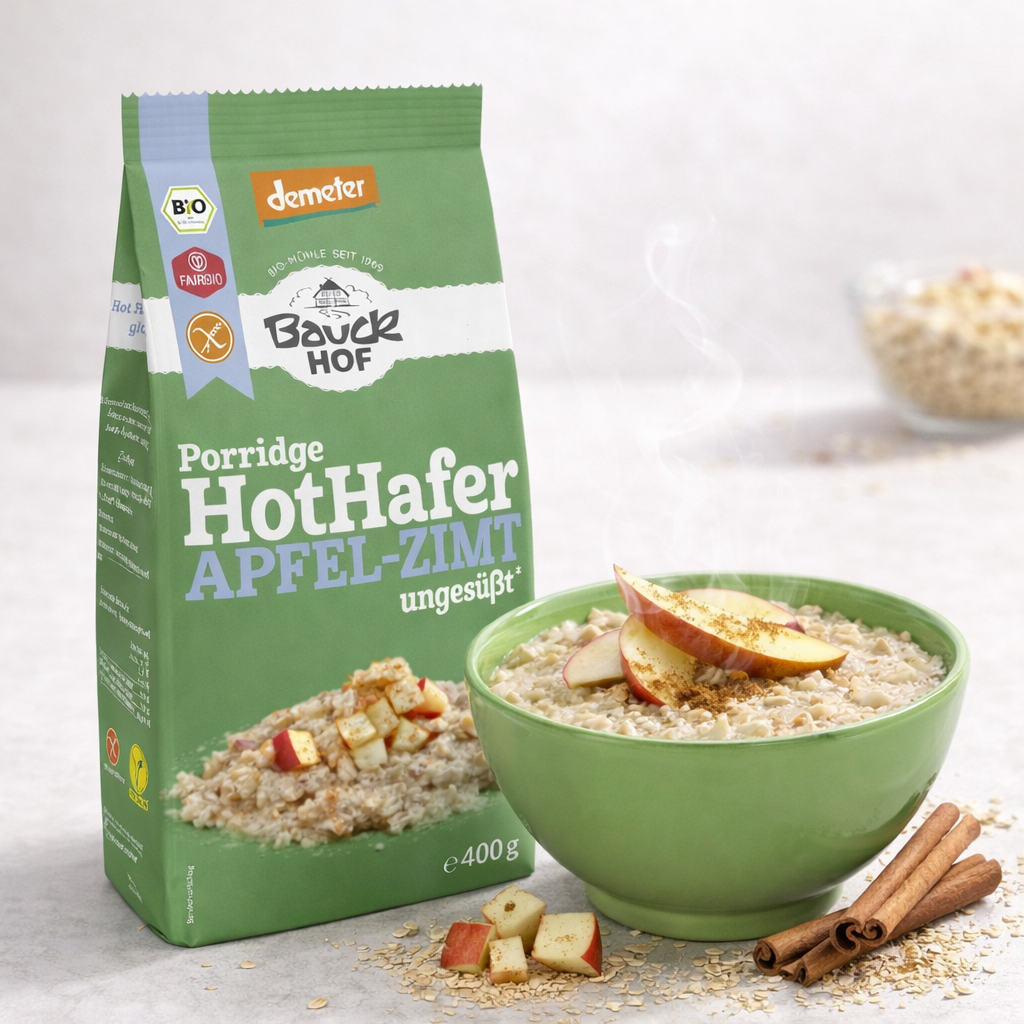 Bio Hot Hafer Apfel-Zimt von Bauckhof, glutenfreies Frühstück mit Apfel und Zimt, Demeter-Qualität, ab 400g