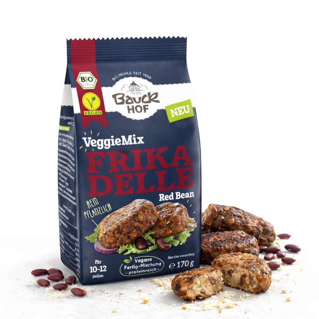 Bauckhof Bio VeggieMix Frikadellen, vegetarisches Kochprodukt, ab 170g, mit frischen Gemüsebestandteilen.