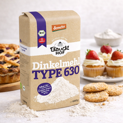 Hellgelbes Bio Dinkelmehl Type 630 von Bauckhof, Demeter, in 1kg Packung, ideal zum Kochen und Backen.
