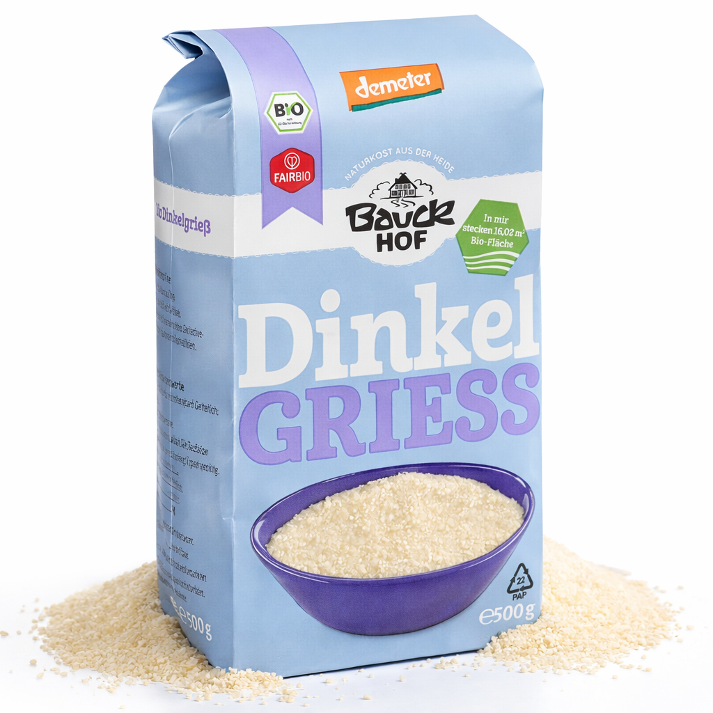 Bio Dinkel Vollkorngrieß von Bauckhof, ideal für Frühstücksgerichte, in 500g Packung, aus kontrolliert biologischem Anbau