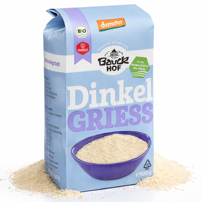 Bio Dinkel Vollkorngrieß von Bauckhof, ideal für Frühstücksgerichte, in 500g Packung, aus kontrolliert biologischem Anbau
