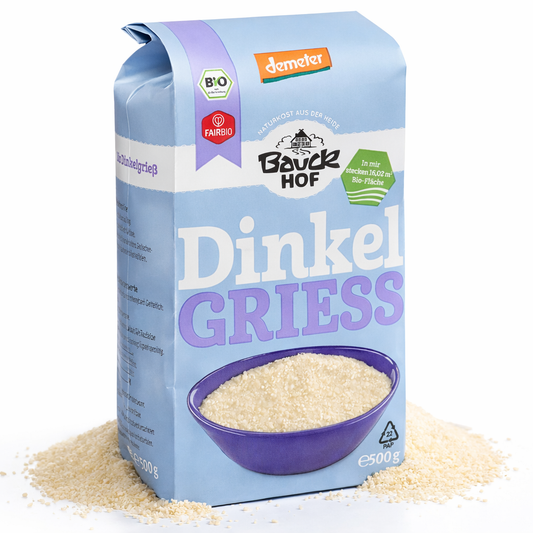 Bio Dinkel Vollkorngrieß von Bauckhof, ideal für Frühstücksgerichte, in 500g Packung, aus kontrolliert biologischem Anbau