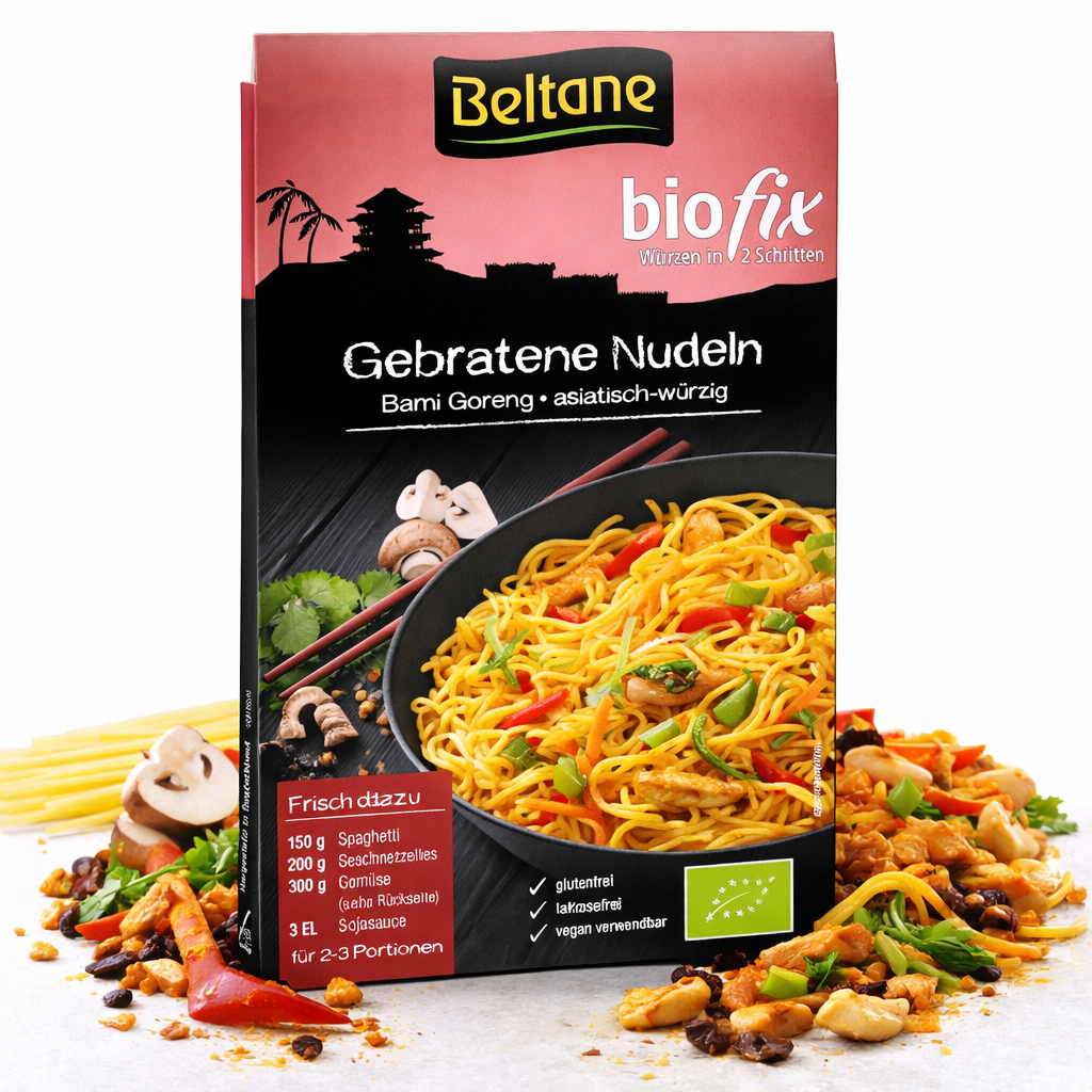 Beltane Biofix gebratene Nudeln, 5 Packungen à 15,90g, in einer Schüssel mit Kochzutaten, frisches und natürliches Gericht