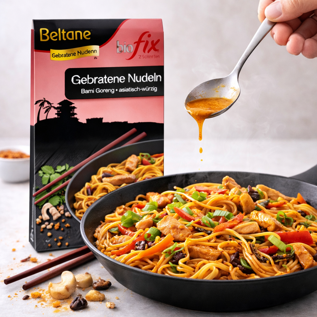 Gebratene Nudeln von Beltane Biofix, Kochen, in einer Schüssel mit goldbraunem, knusprigem Aussehen, bereit zum Servieren