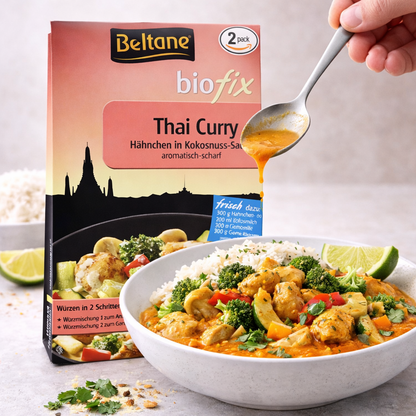 Beltane Biofix Thai Curry Gewürzmischung in 2x 20,9g Packungen, für authentisches Kochen, close-up der Verpackung