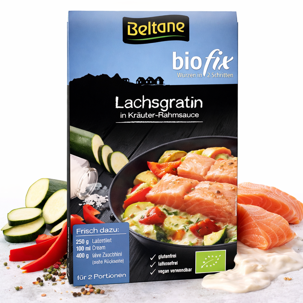 Beltane Bio Fix für Lachsgratin, Küchenzutat, in einer Verpackung, ideal zum Kochen, nachhaltige Bio-Qualität