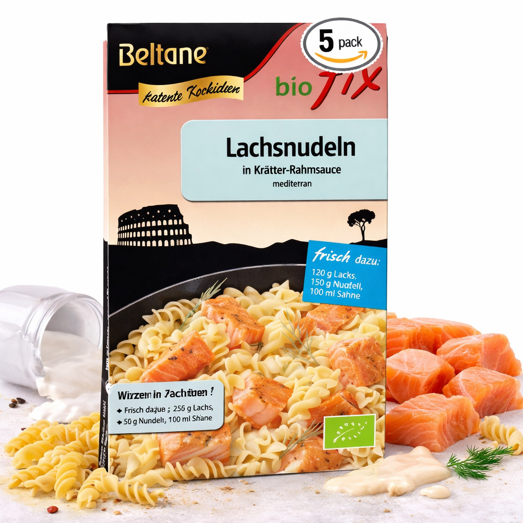 Beltane Biofix Lachsnudeln, eine Packung mit 14,2g, zum Kochen geeignet, frische Bio-Lachsnudeln von Beltane.