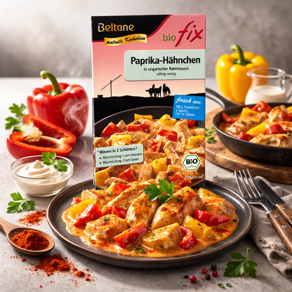 Beltane Biofix Paprika Hähnchen, frisch zubereitet, auf einem Teller mit Paprikastreifen und Beilagen, in der Küche.