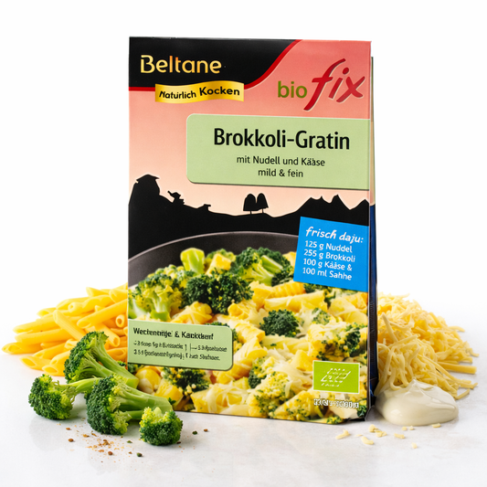 Beltane Biofix Brokkoli-Gratin, 6 Pack, frisch zubereitet, cremiger Brokkoli-Gratin in Auflaufform, Bio-Qualität, Kochen