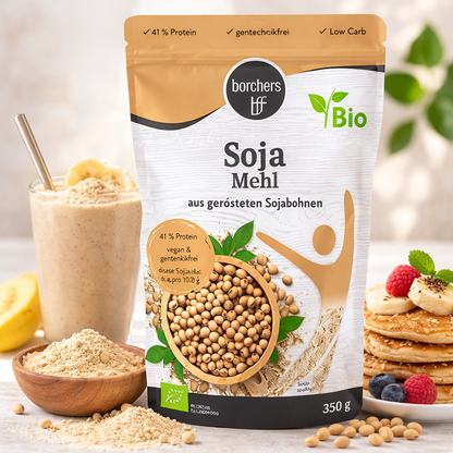 Bio Premium Sojamehl von Borchers zum Backen, ab 350g, zeigt eine Packung mit weißem Sojamehl in der Verpackung