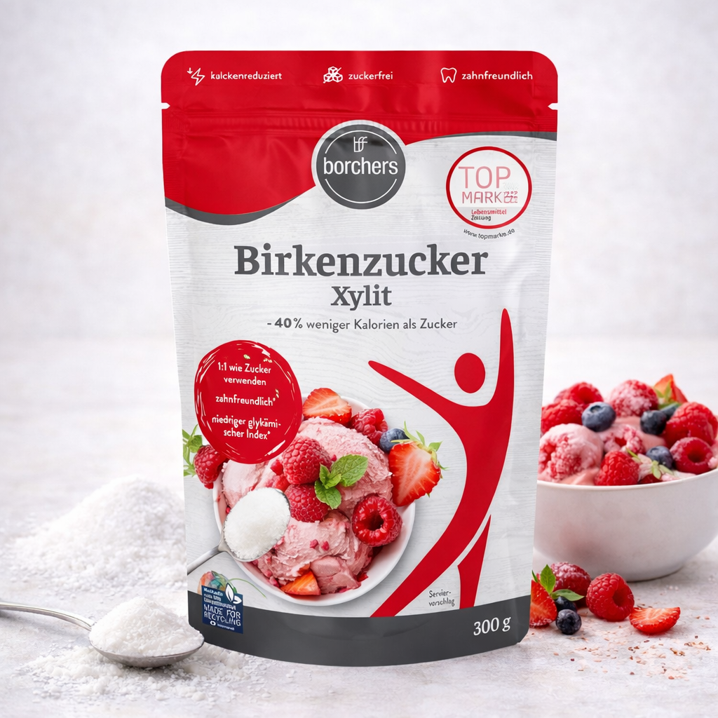 Borchers Birkenzucker Xylit für Frühstück, 300g Packung, natürliche Zuckeralternative in einer weißen Verpackung