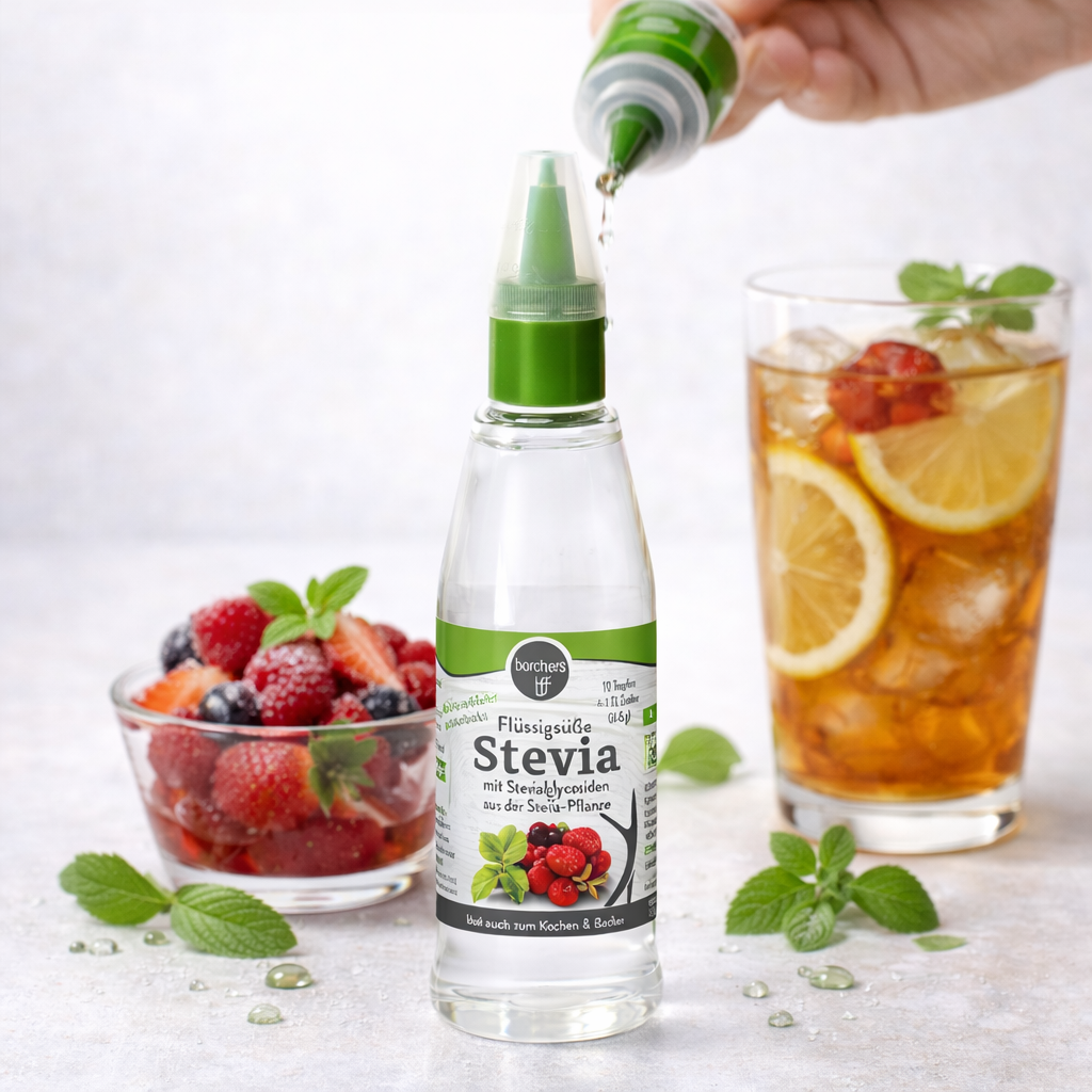 Borchers Stevia Flüssigsüße für Frühstück, natürliche Zuckeralternative in 125 ml Flasche, ideal zum Süßen von Speisen und Getränken