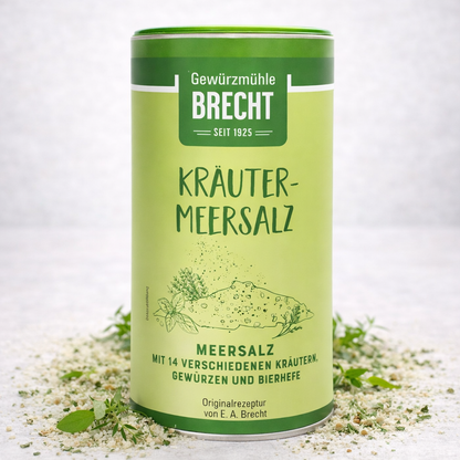 Brecht Kräuter-Meersalz in Dose, ideal zum Backen, mit Kräutern, 500g oder mehr, sichtbar in der Dose.