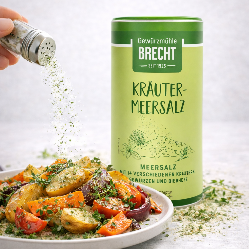 Brecht Kräuter-Meersalz in einer Dose, ideal zum Backen, mit Kräutern und Meersalz, sichtbar in der Verpackung.