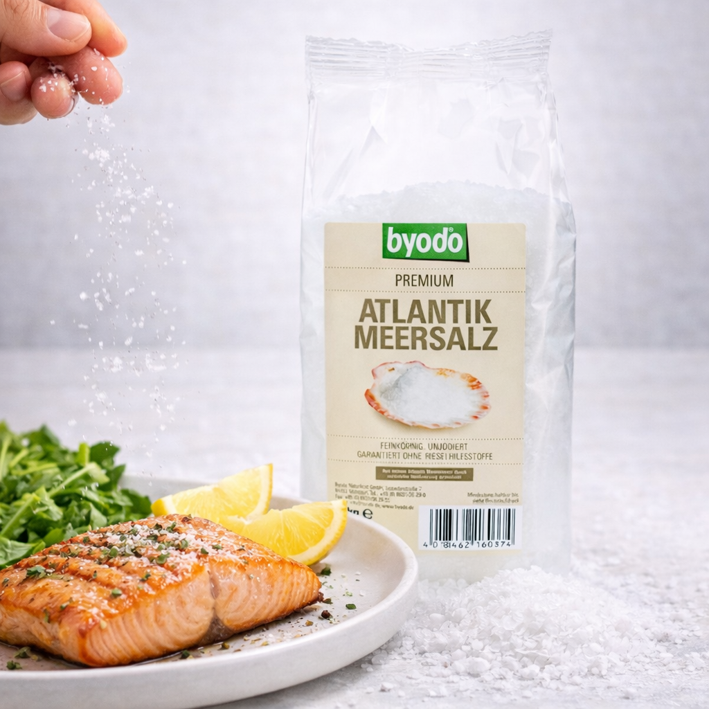 Feines Atlantik-Meersalz von Byodo in 1000g Verpackung, ideal zum Kochen, zeigt das Salz in einer offenen Verpackung