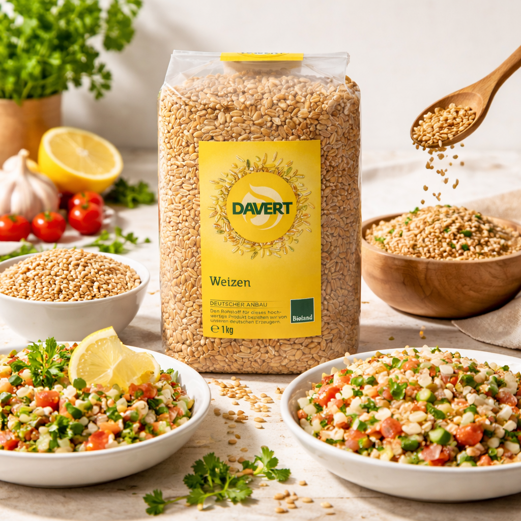 Bio-Weizen von Davert in 1kg-Packung, ideal zum Kochen, zeigt frisches, weizenartiges Getreide in der Verpackung