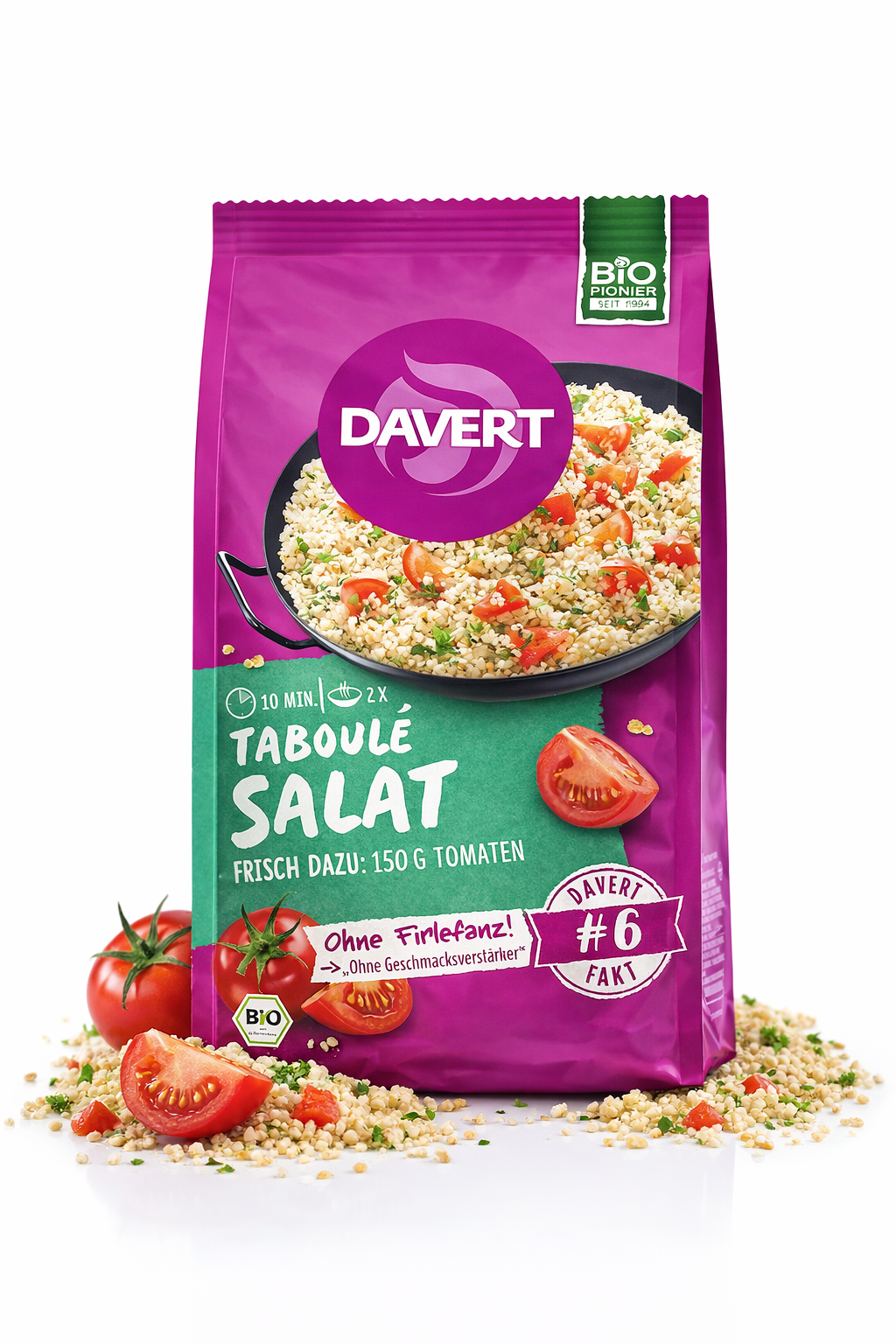 Bio Taboulé Salat von Davert in einer Schale mit frischen Kräutern und Tomaten, ideal zum Kochen und Genießen.