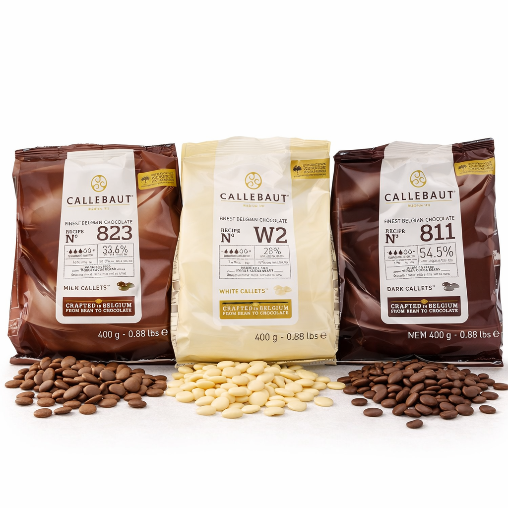Callebaut 811,823,W2 Kuvertüre Callets im Set: Zartbitter-, Milch-, und weiße Schokolade - 3x400g