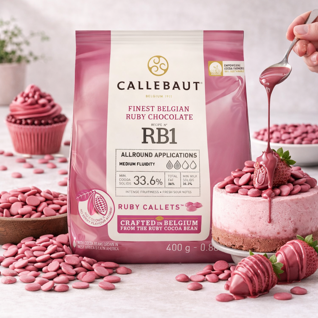 Callebaut Ruby Kuvertüre Callets, Backen, 43,6% Kakao, aus 400g Packung, zart rosa Schokolade für kreative Backrezepte