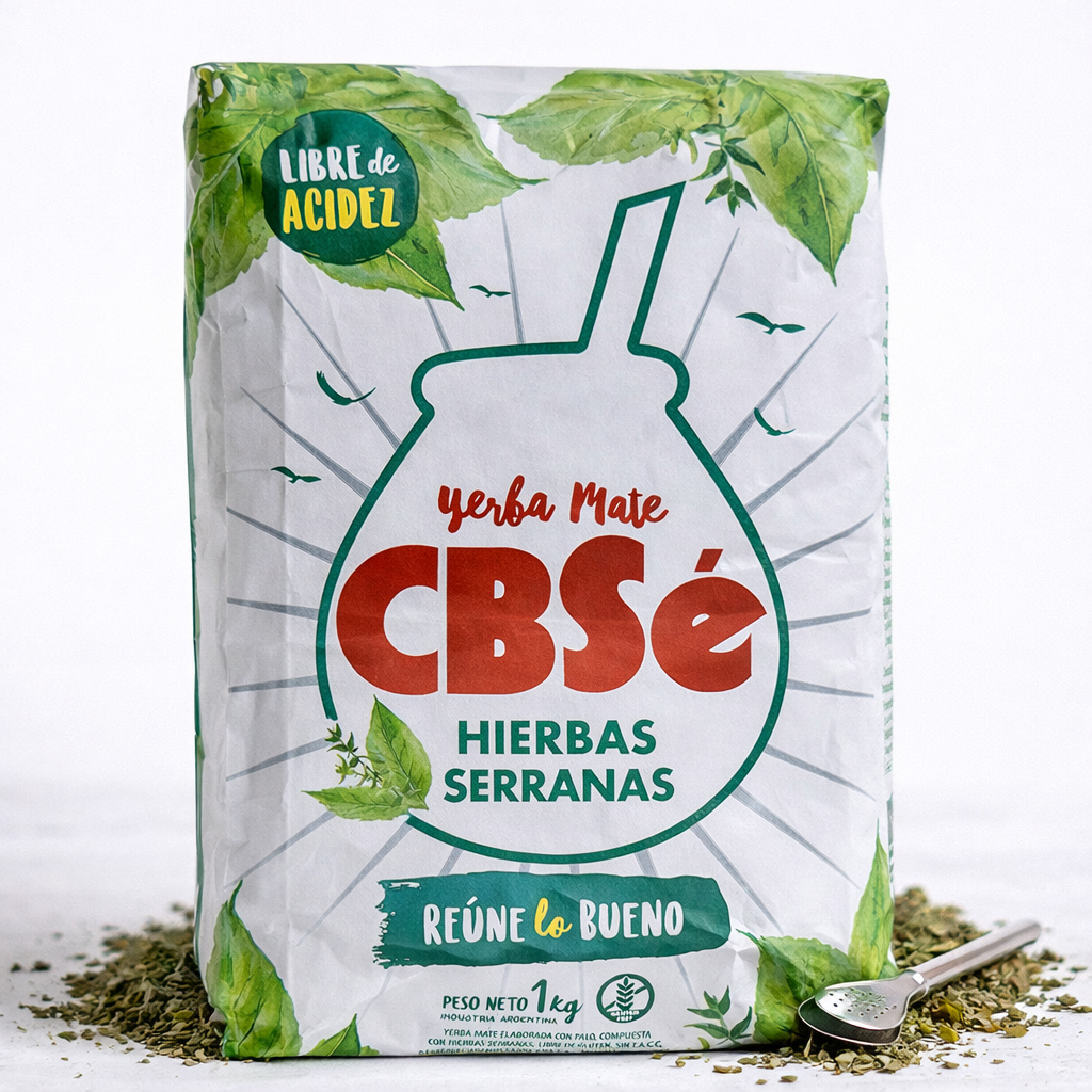 CBSé Hierbas Serranas Mate Tee aus Argentinien, getrocknete Kräuter in einer Packung, ideal für traditionelles Mate-Trinken.