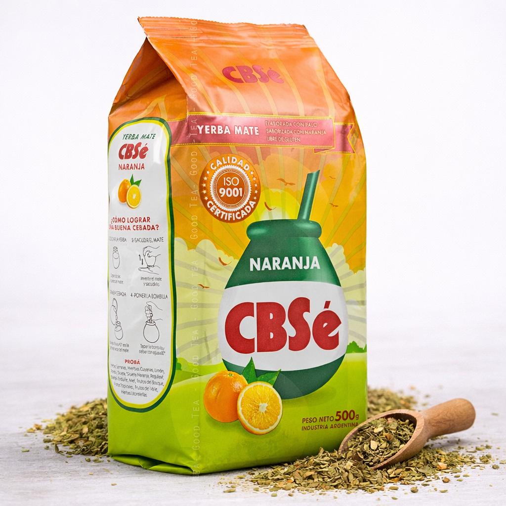 CBSé Mate Tee mit Orangengeschmack in 500g-Packung, frisch und aromatisch, ideal für gesunden Genuss.