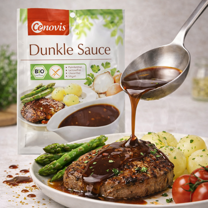 Cenovis Bio dunkle vegane Sauce zum Kochen, ab 20g, in einer offenen Verpackung mit dunkler Sauce sichtbar
