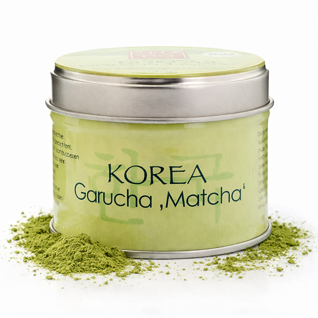 Bio Matcha Tee von Cha Dô, aus Südkorea, in einer 30g Packung, zeigt grünen Matcha-Pulver in einer eleganten Verpackung.
