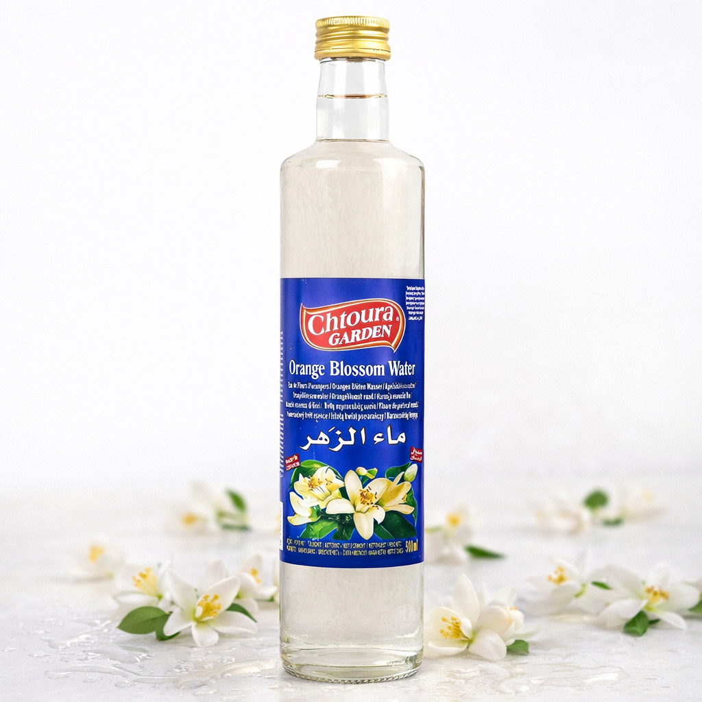 Orangenblütenwasser von Chtoura Garden in 500ml Flasche, für Backen und kulinarische Anwendungen, mit blumigem Aroma.