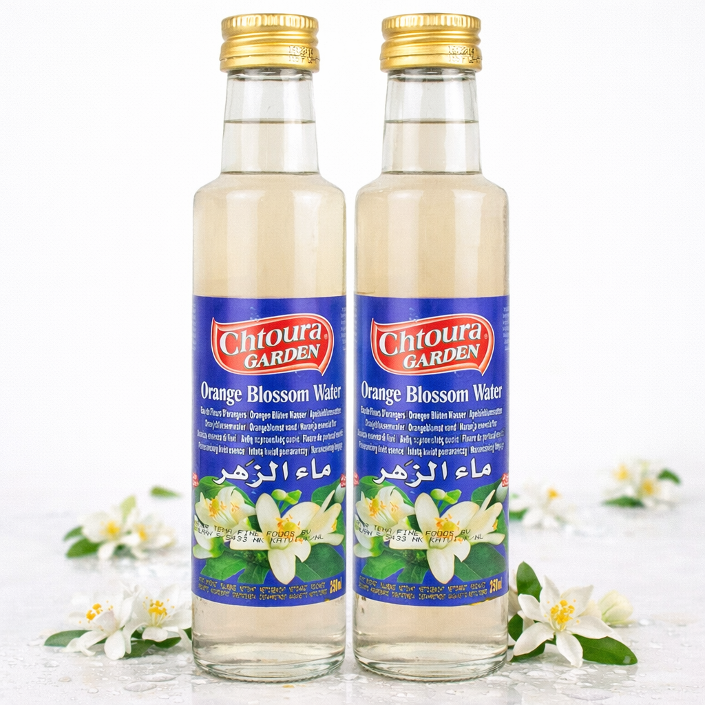 Chtoura Garden Orientalisches Orangenblütenwasser in einer 250ml Flasche, ideal zum Backen, mit frischem Orangenduft.