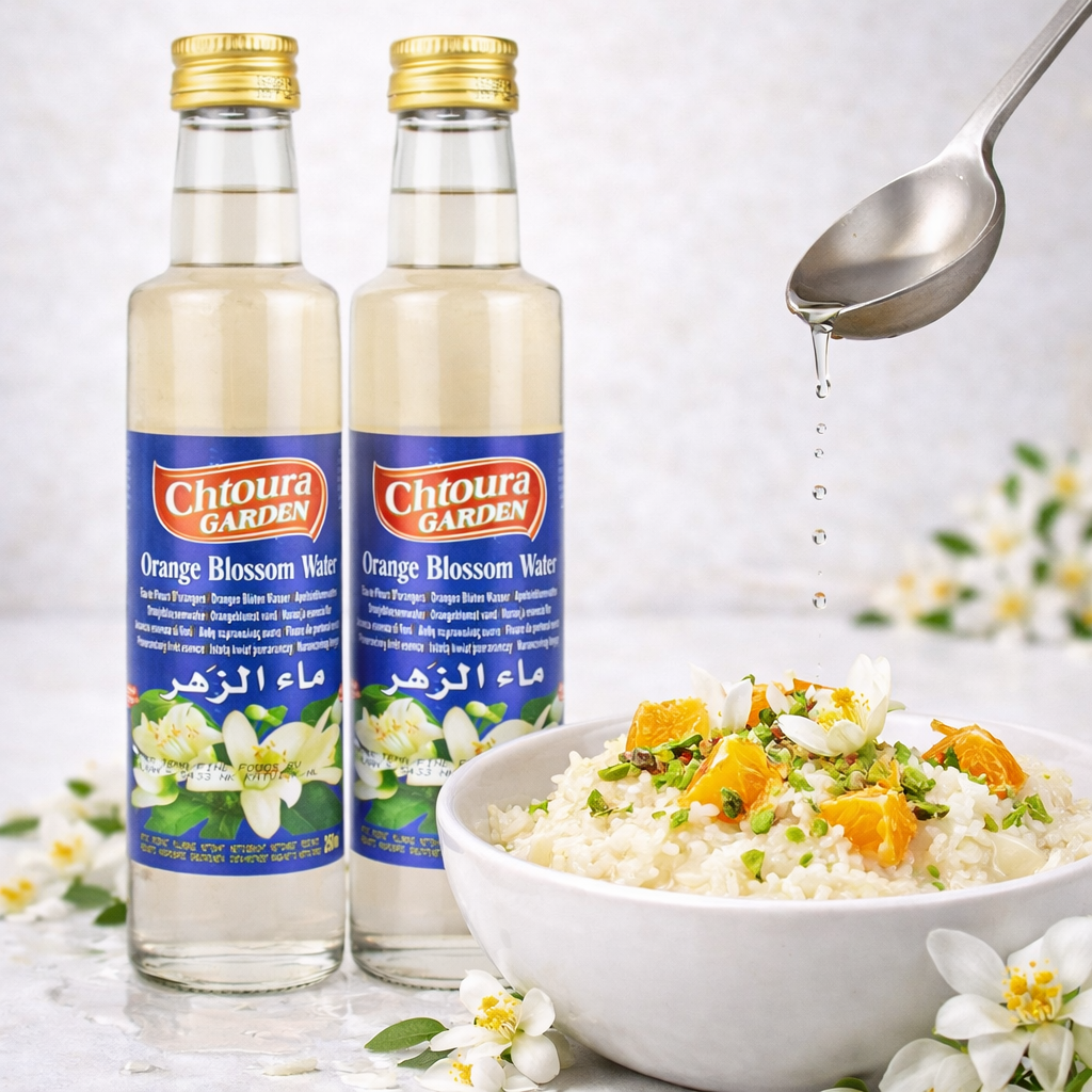 Chtoura Garden orientalisches Orangenblütenwasser, 250ml Flasche, zum Backen und Verfeinern von Süßspeisen, Nahaufnahme
