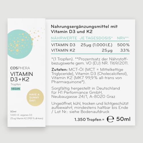 Inhaltsstoffe von Cosphera Vitamin D3 + K2 Drops Tropfen vegan - 50 ml Liquid auf einem Blick, von der Originalverpackung.