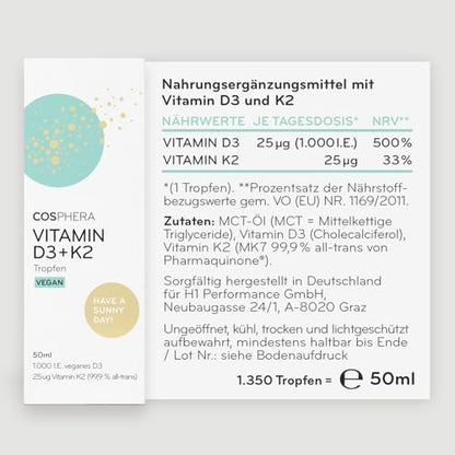 Inhaltsstoffe von Cosphera Vitamin D3 + K2 Drops Tropfen vegan - 50 ml Liquid auf einem Blick, von der Originalverpackung.