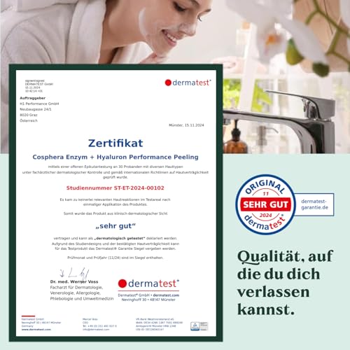 Auf dem Bild zu sehen ist das Zertifikat für das Produkte Cosphera Enzym + Hyaluron Performance Peeling