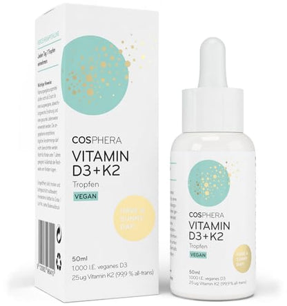 Produktverpackung von Cosphera Vitamin D3 + K2 Drops Tropfen vegan - 50 ml Liquid