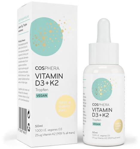 Produktverpackung von Cosphera Vitamin D3 + K2 Drops Tropfen vegan - 50 ml Liquid