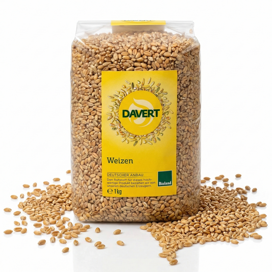 Bio-Weizen von Davert 1 kg, ideal zum Kochen, zeigt frisch gemahlenes Weizen in einer Küchenumgebung