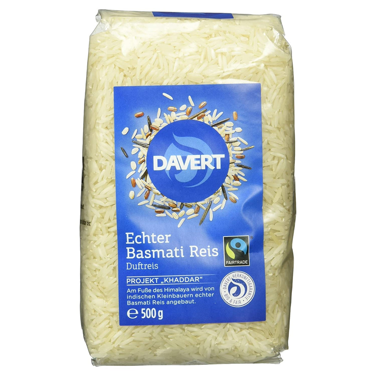 Davert Basmati Reis weiß 500g, frontal fotografiert, die Verpackung vollständig sichtbar auf weißem Hintergrund.