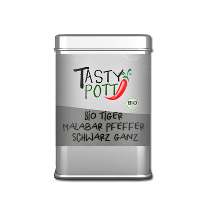 Tasty Pott Tiger Bio Malabar Pfeffer schwarz - Tigerpfeffer ganz - 100g Dose