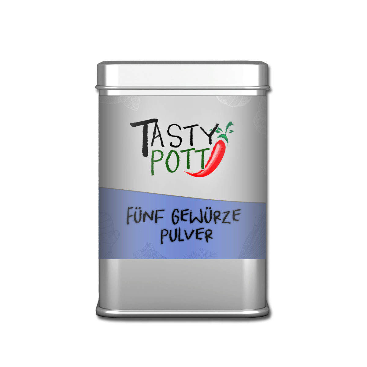 Tasty Pott Fünf Gewürze Pulver Mischung in silberner Dose mit blauem Etikett, freigestellt vor weißem Hintergrund.