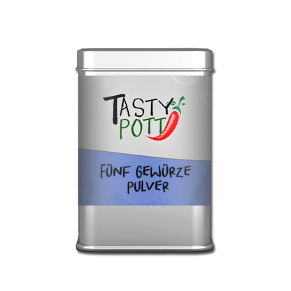 Tasty Pott Fünf Gewürze Pulver Mischung in silberner Dose mit blauem Etikett, freigestellt vor weißem Hintergrund.