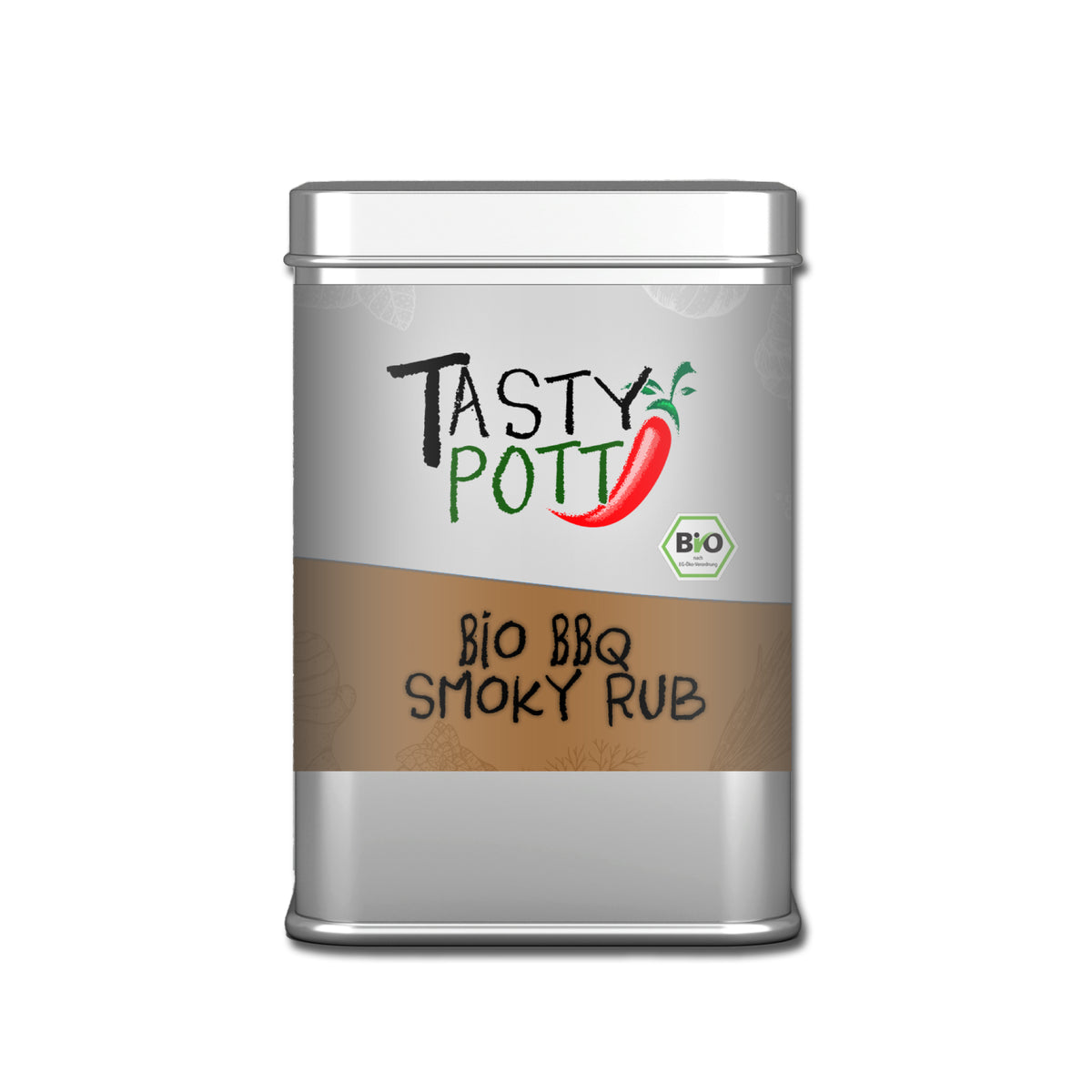 Tasty Pott Bio Smoky BBQ Rub Grillgewürz in silberner 100g Dose, freigestellt vor weißem Hintergrund.