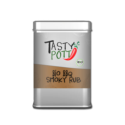 Tasty Pott Bio Smoky BBQ Rub Grillgewürz in silberner 100g Dose, freigestellt vor weißem Hintergrund.