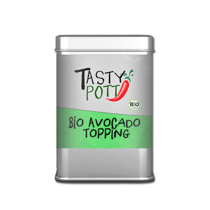 Tasty Pott Bio Avocado Topping 80g Dose mit grünem Etikett, freigestellt vor weißem Hintergrund.