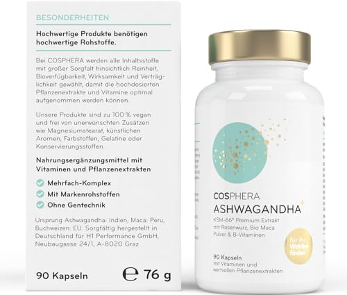 Dose und Verpackung von Cosphera Ashwagandha Kapseln 500mg vegan