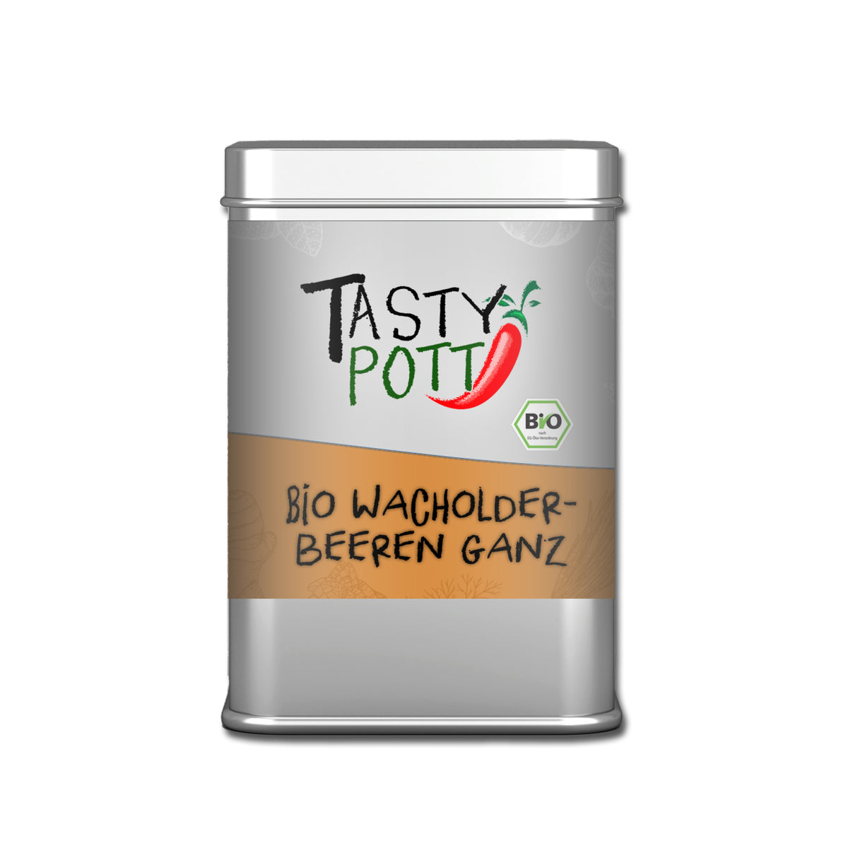 Tasty Pott Bio Wacholderbeeren ganz in silberner gewürzdose vor weißem Hintergrund, das Etikett ist gut lesbar.