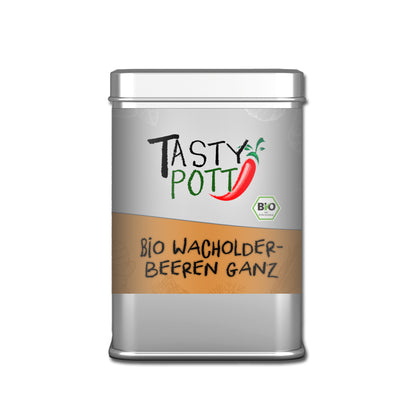 Tasty Pott Bio Wacholderbeeren ganz in silberner gewürzdose vor weißem Hintergrund, das Etikett ist gut lesbar.