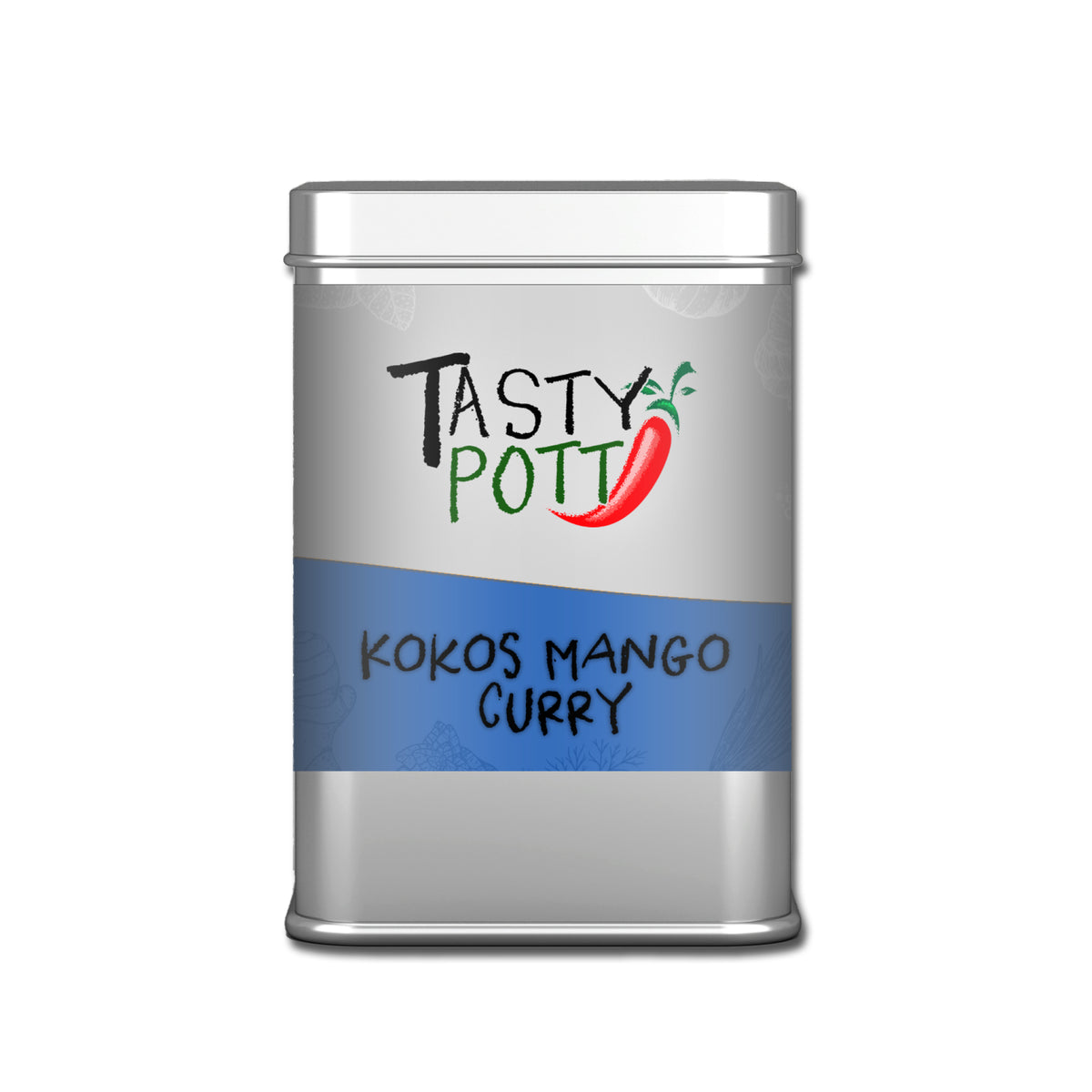 Tasty-Pott-Kokos-Mango-Curry-Gewürzdose mit blauem Etikett freigestellt auf weißem Hintergrund.