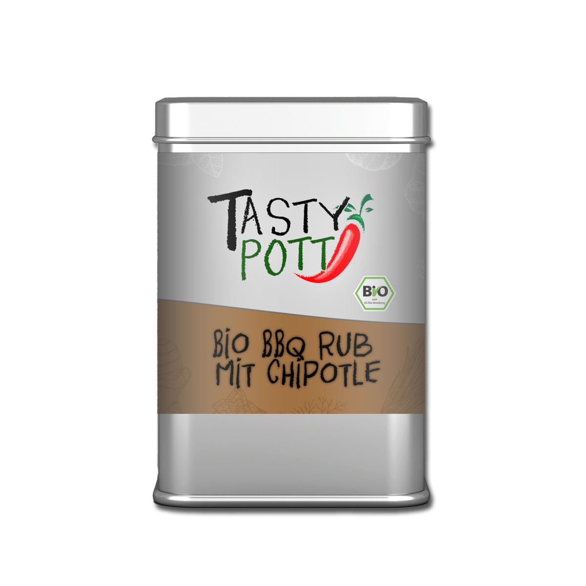 Tasty Pott Bio BBQ Rub mit Chipotle 100g Dose frontal vor weißem Hintergrund, Etikett mit Produktnamen und Bio-Siegel gut lesbar.