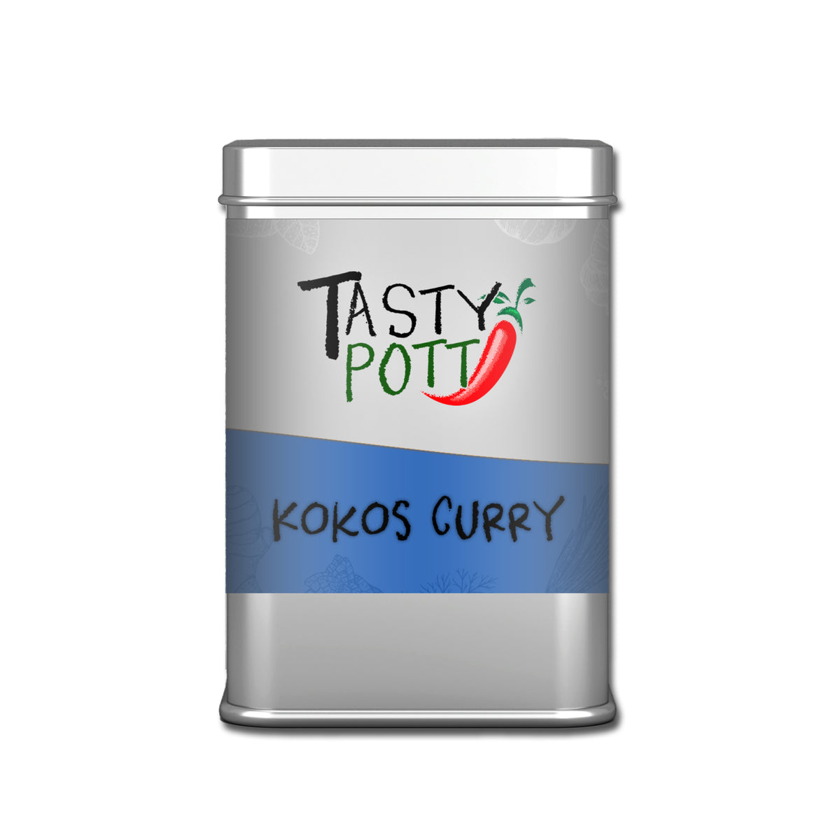 Frontalansicht der silbernen Tasty Pott Gewürzdose mit blauem Etikett und Aufschrift Kokos Curry auf weißem Hintergrund.